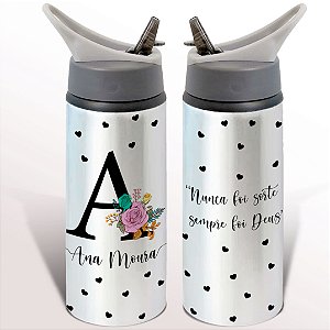 Garrafa Squeeze Alfabeto Floral com Frase Motivacional Nunca Foi Sorte Sempre Foi Deus Com Nome Personalizado