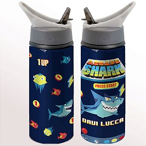 Garrafa Squeeze Tubarão Play Game Shark Arcade Infantil Escolar Com Nome Personalizado