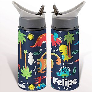Garrafa Squeeze Dinossauro Floresta Animada Dinobaby Infantil Com Nome Personalizado