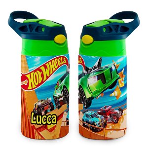 Garrafa Hot Wheels Carros Verde Térmica Bico de Silicone