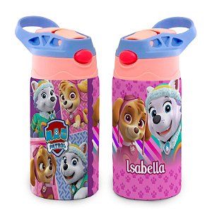 Garrafa Patrulha Canina Rosa Térmica Bico de Silicone com Nome