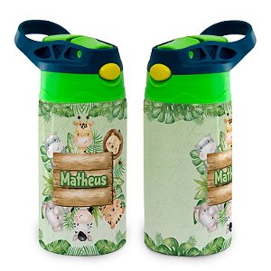 Garrafa Safari Infantil Térmica Animais da Floresta Bico de Silicone