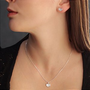 Conjunto Coração Cravejado Delicado Banhado Prata