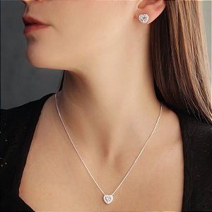 Conjunto Coração Zircônia Cravejado Banhado Prata