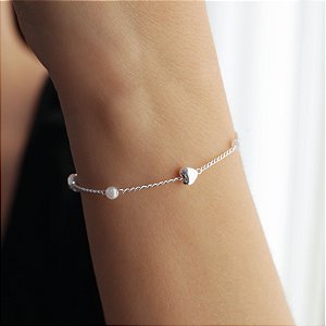 Pulseira Coração Pérola Delicada Banho Prata