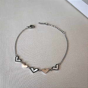 Pulseira Bipartida Corações Aço Inox
