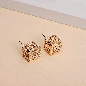 Brinco Inspiração cubo Cravejado e Vazado