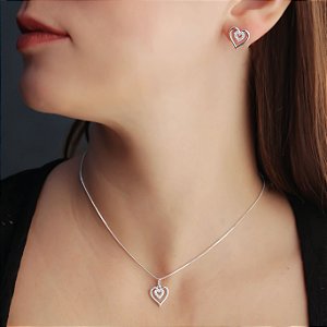 conjunto Coração duplo Cravejado Banhado Prata