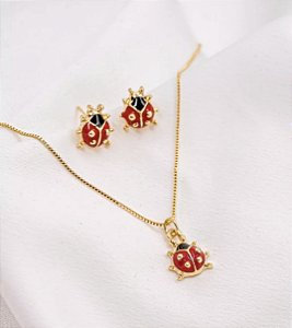 Conjunto Infantil Colar + Brinco Joaninha Dourada
