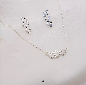 Conjunto brinco + cordão Mini esferas Prata