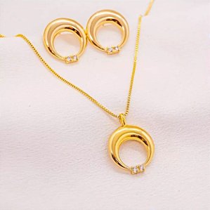 Conjunto Redondo Vazado Dourado Brinco+Cordão
