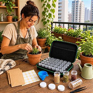 Maleta Colecionador de Sementes com 30 Frascos + Acessórios para Organização