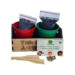 AL074 - Lembrancinha Cultivo Caixote Gravado com 2 Vasos - Sementes Flores e Temperos