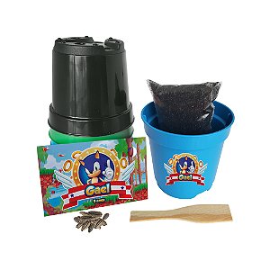 AL151 - Lembrancinha Kit Jardinagem com Vaso Colorido Personalizado - Tema Sonic