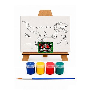 AL134 - Kit Pintura com Tela 20 x 15, Cavalete mdf, 4 Tintas e Pincel - Tema Dinossauro