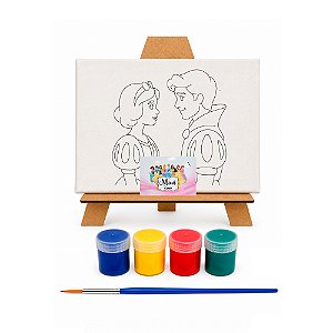 AL134 - Kit Pintura com Tela 20 x 15 com Gravação, Cavalete mdf, 4 Tintas e Pincel - Tema Princesas