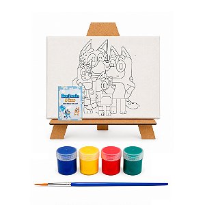 AL134 - Kit Pintura com Tela 20 x 15 com Gravação, Cavalete mdf, 4 Tintas e Pincel - Tema Bluey