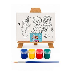 AL134 - Kit Pintura com Tela 20 x 15, Cavalete mdf, 4 Tintas e Pincel - Tema Frozen