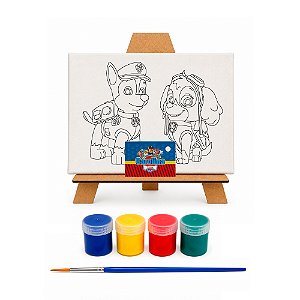 AL134 - Kit Pintura com Tela 20 x 15, Cavalete mdf, 4 Tintas e Pincel - Tema Patrulha Canina