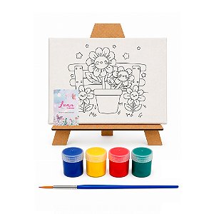 AL134 - Kit Pintura com Tela 20 x 15, Cavalete mdf, 4 Tintas e Pincel - Tema Jardim