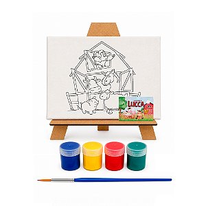 AL134 - Kit Pintura com Tela 20 x 15, Cavalete mdf, 4 Tintas e Pincel - Tema Fazendinha