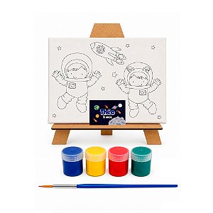 AL134 - Kit Pintura com Tela 20 x 15, Cavalete mdf, 4 Tintas e Pincel - Tema Astronauta
