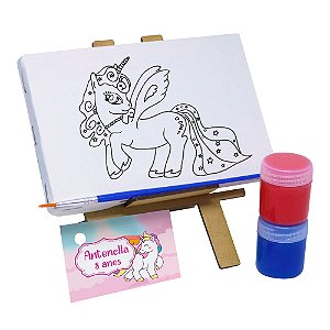 AL103 - Lembrancinha Kit Pintura Cavalete com Tela Gravada - Tema Unicórnios