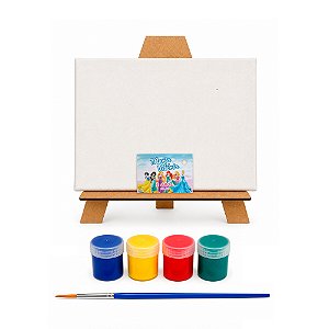 AL135 - Kit Pintura com Tela 20 x 15, Cavalete mdf, 4 Tintas e Pincel - Tema Princesas