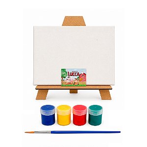 AL135 - Kit Pintura com Tela 20 x 15, Cavalete mdf, 4 Tintas e Pincel - Tema Fazendinha