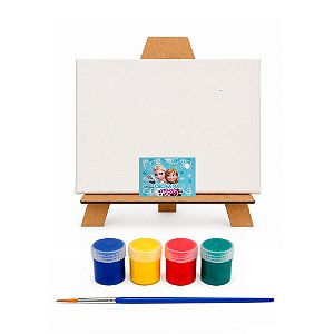 AL135 - Kit Pintura com Tela 20 x 15, Cavalete mdf, 4 Tintas e Pincel - Tema Frozen
