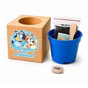 AL140 - Lembrancinha Kit Cultivo com Cachepo em Pinus Personalizado com Dtf - Tema Bluey