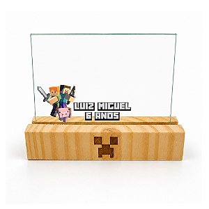 Porta-Retrato Personalizado com Base em Pinus e Vidro Duplo - Tema Minecraft