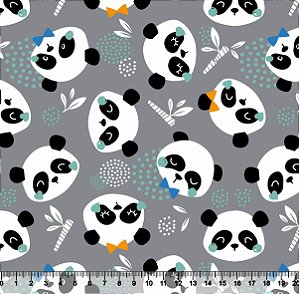 Tecido Tricoline Panda Fofo com Fundo Cinza