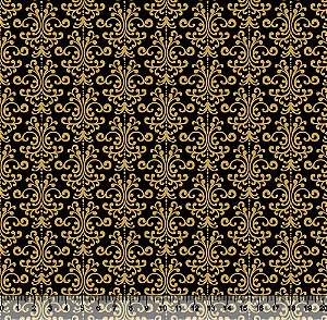 Tecido Tricoline Arabesco Minimalista Dourado Fundo Preto