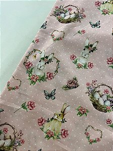 Tecido Tricoline Estampa Coelho E Flores Fundo rosa Digital