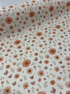 Tecido Tricoline Estampado 100% algodão Digital Florzinha fundo bege