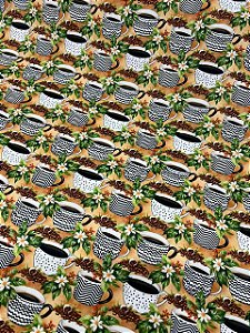 Tecido Tricoline Estampado 100% algodão Digital Xicaras Com Cafe