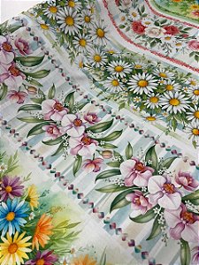 Tecido Tricoline Estampado 100% algodão Digital Barrado Floral