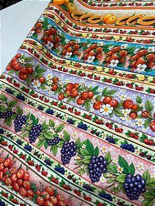 Tecido Tricoline Estampado 100% algodão Digital Barrado Frutas