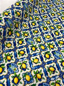 Tecido Tricoline Estampado 100% algodão Digital Limoes Sicilianos Fundo Azul