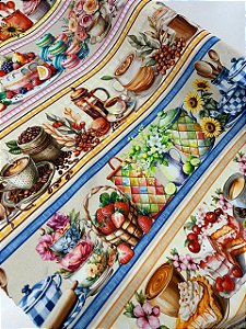 Tecido Tricoline Estampado 100% algodão Digital Barrado Cafe de manha