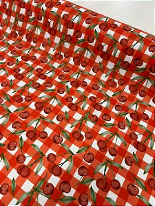 Tecido Tricoline Estampado 100% algodão Digital Cerejas fundo vermelho
