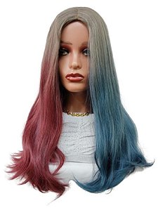 Peruca super luxo três cores cinza rosa e azul para cosplay arlequina sem franja compor personagens it girl modelo lisa