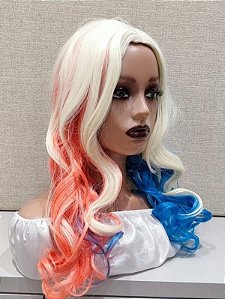 Peruca com 3 cores loira rosa e azul para cosplay personagem Arlequina
