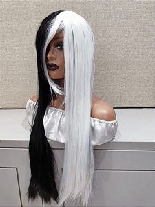 Peruca duas cores branca e preta com franja longa lisa para cosplay cruella it girl