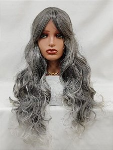 Peruca longa cacheada com franja e fios Grisalhos