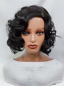 Peruca curta ondulada preta com franja para cosplay personagens de princesas de série, cinema e TV
