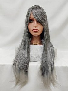 Peruca longa lisa com franja fios grisalhos