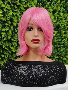 Peruca curta com franja rosa para personagem cosplay festa e eventos