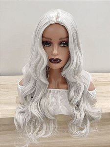 Peruca ondulada sem franja cinza clara para personagens cosplay, filmes e séries